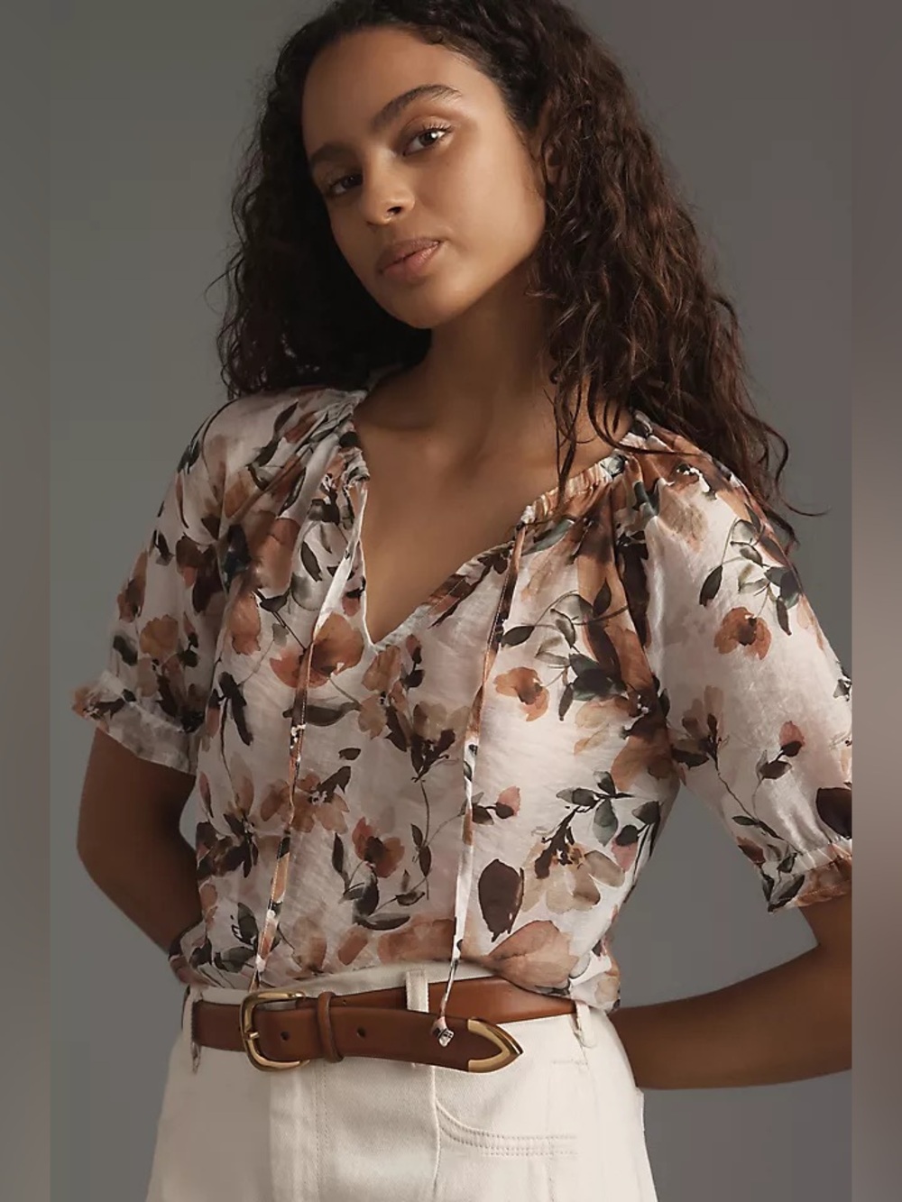 Anthropologie Cloth & Stone Short-Sleeve Ruffle Tie-Neck Top